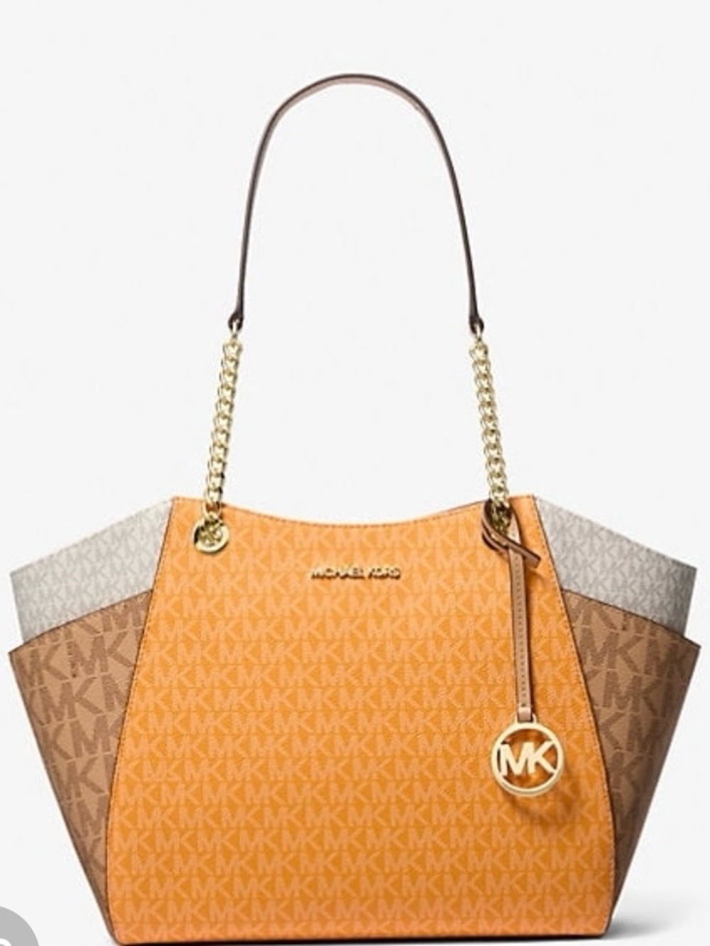 Michael jet set Orange and Brown Logo Panel Tote with Gold Chain
